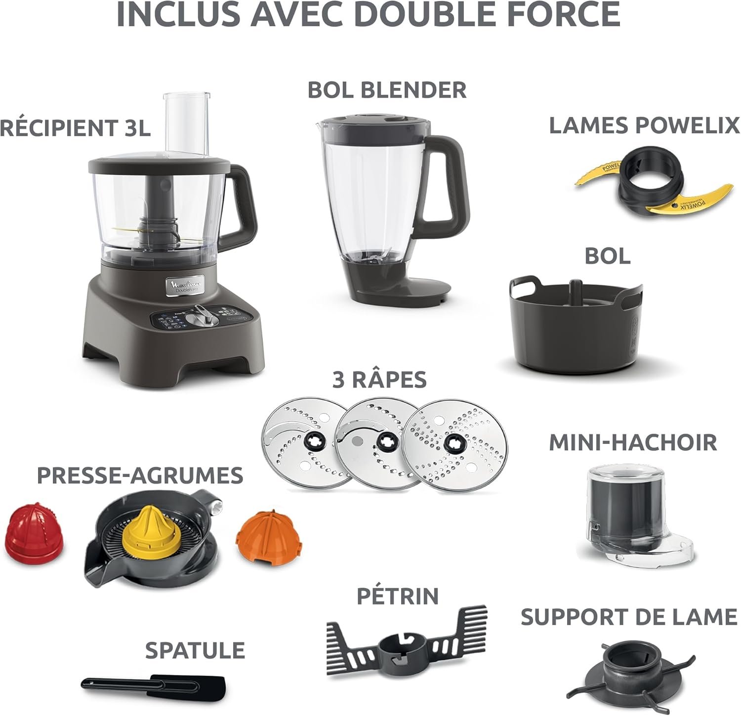 Robot multifonctions MOULINEX Double Force 1000W SILVER - 10 Accessoires 7 Robot multifonctions MOULINEX Double Force 1000W SILVER - 10 Accessoires – Image 6