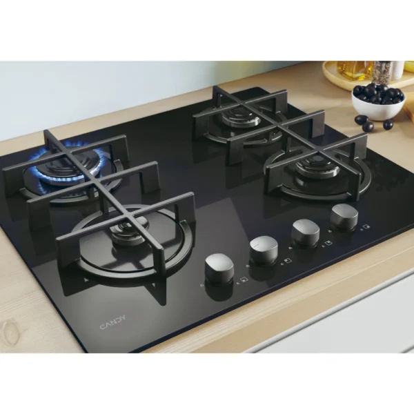 Table de cuisson CANDY/04 Feux /Thermocouple/Commande frontale /Fonte/Black Glass CVG6B – Image 3